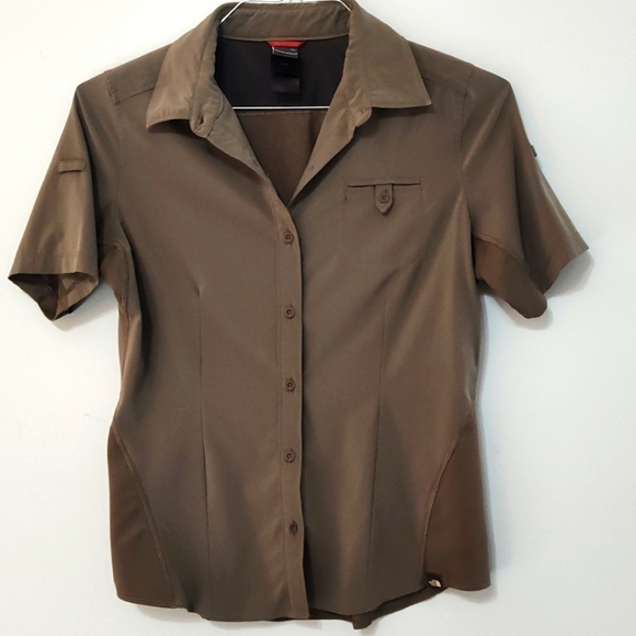 The North Face Button Up Collar Olive Green Khaki Short Sleeve Shirt Medium - Picture 1 of 12